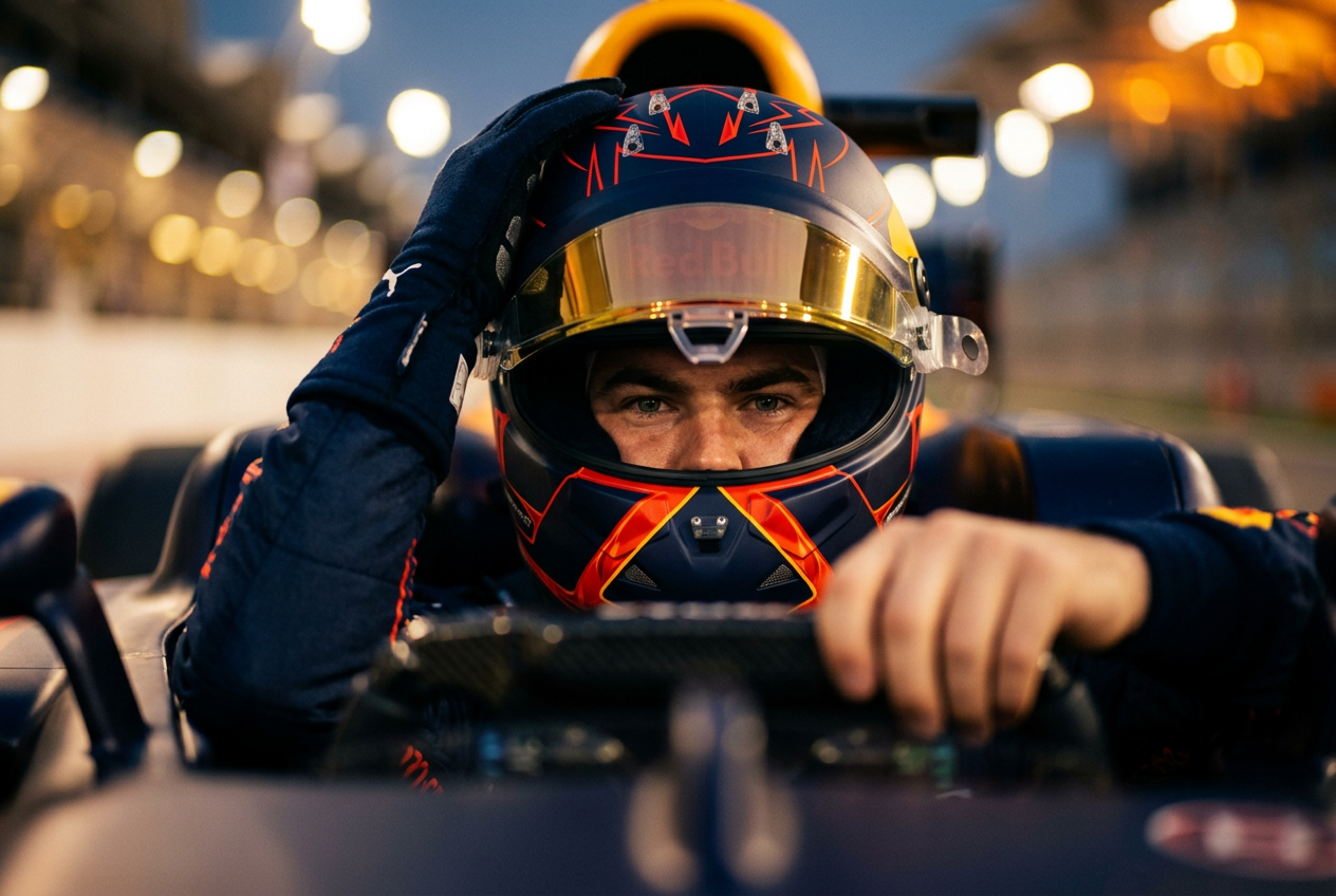 A league driver in a team-liveried helmet on the pit lane at night